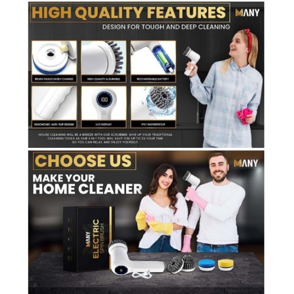 Cordless Electric Spin Scrubber - 2 Speeds - 4 Replaceable Brush Heads - IPX7 - Picture 11 of 12